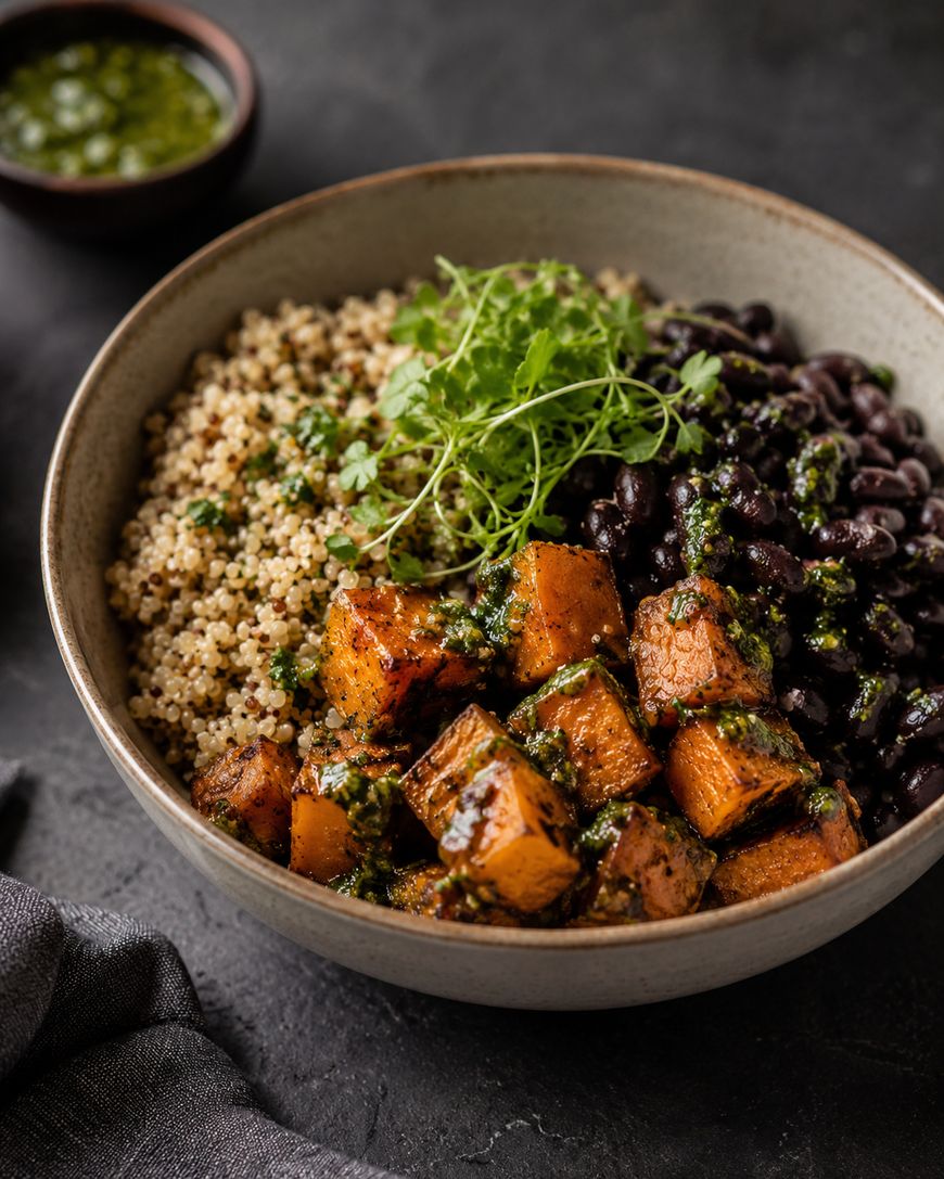 A bowl with quinoa, black beans, roasted cubed sweet potatoes drizzled with green sauce, and topped with fresh herbs, set on a dark surface.