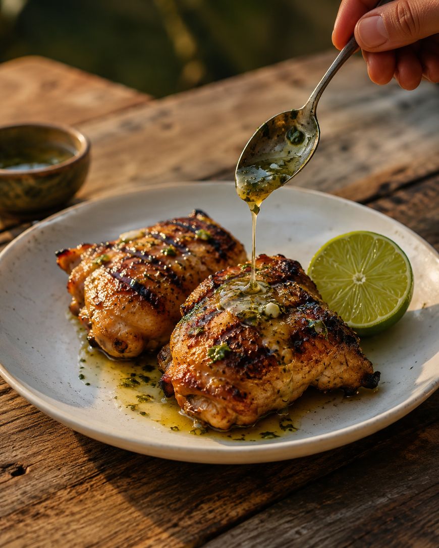 Two grilled chicken thighs on a plate, garnished with herbs and a halved lime, with a hand drizzling sauce over the chicken using a spoon. The setting is rustic with warm, natural lighting.