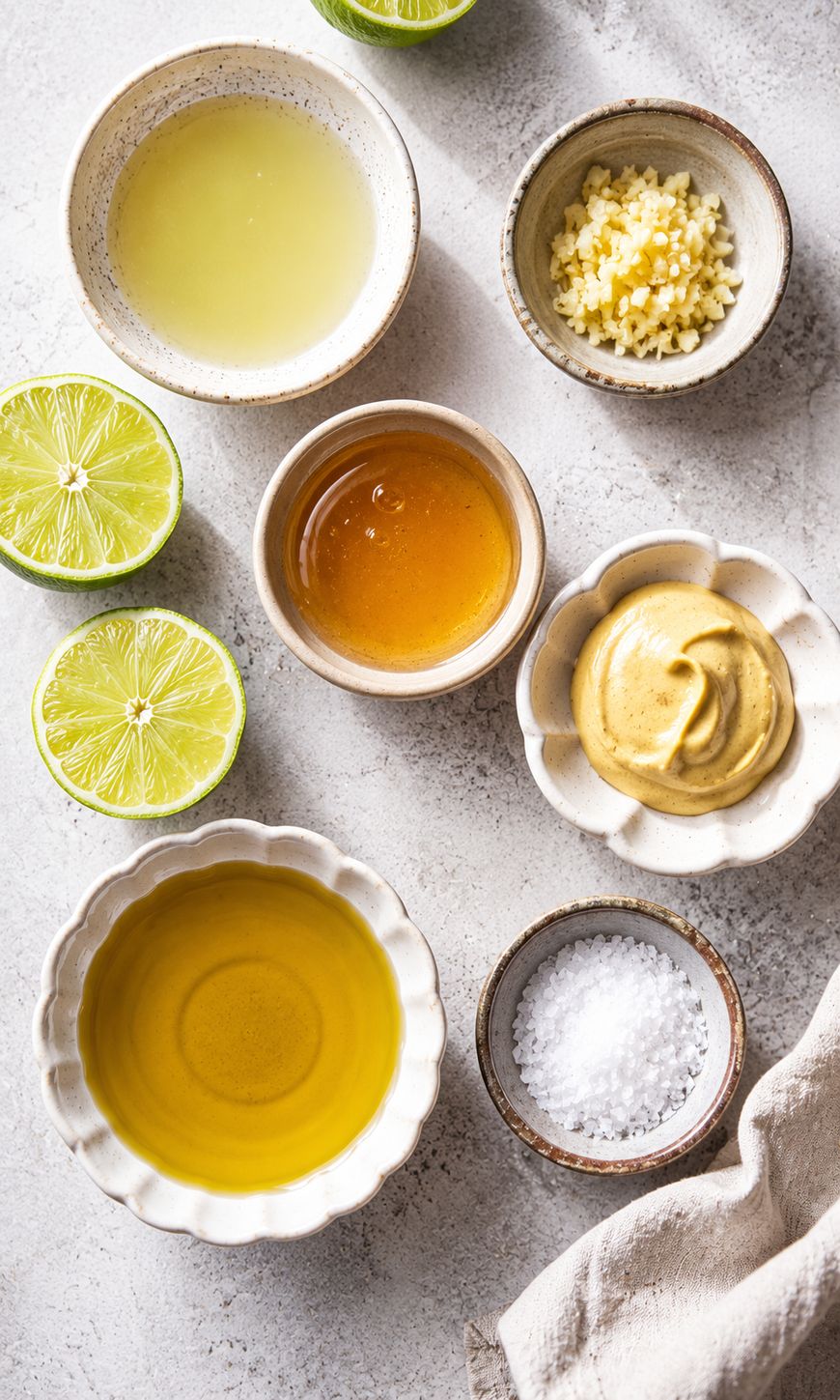 Overhead view of small bowls containing olive oil, honey, Dijon mustard, minced garlic, lime juice, and salt, with a halved lime and a beige napkin on a light surface.