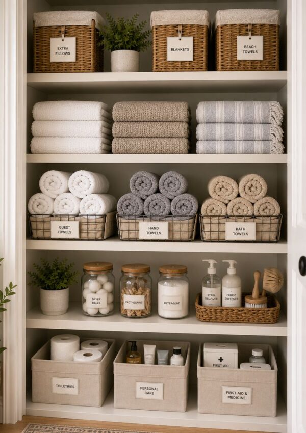 A neatly organized linen closet with labeled baskets, towels, jars, and bins arranged on shelves—perfect linen closet organization for storing extra pillows, blankets, toiletries, personal care products, and a first aid kit.