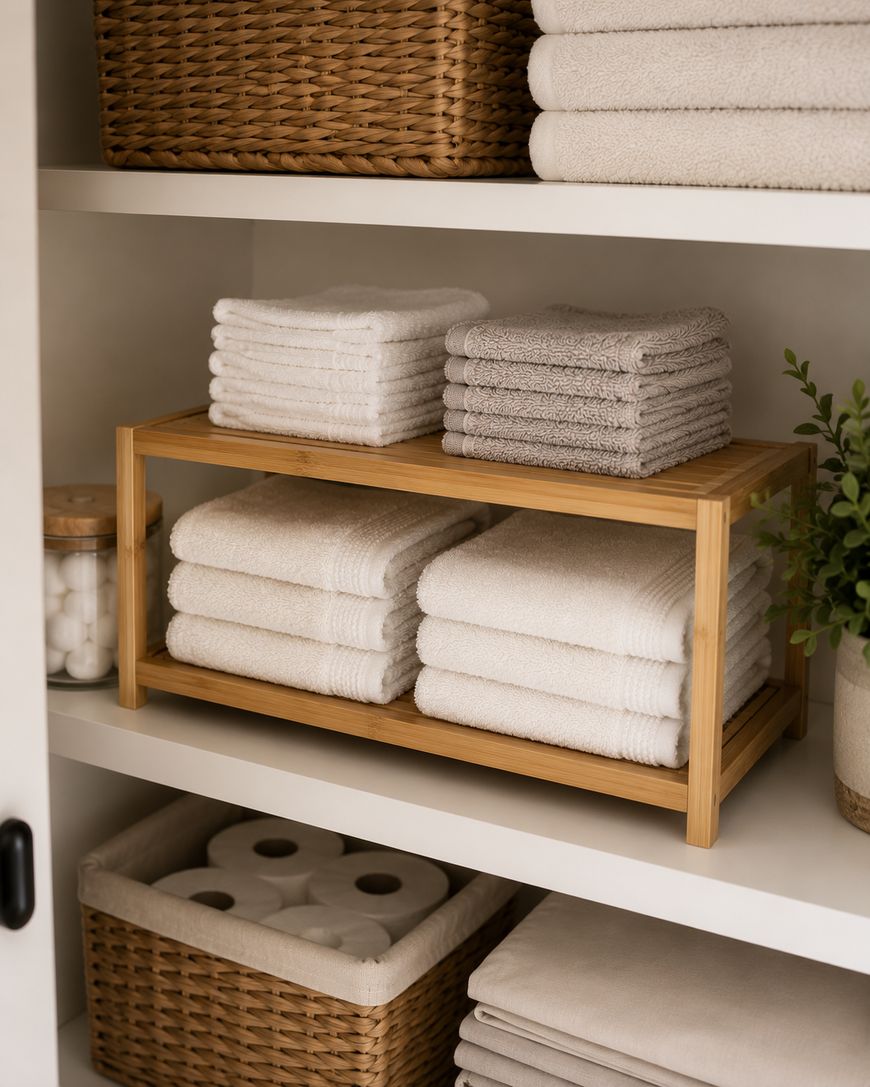 Neatly organized white shelves with stacked towels, a wooden rack holding folded washcloths, wicker baskets, jars with cotton balls, and a potted plant, creating a tidy and inviting linen closet.