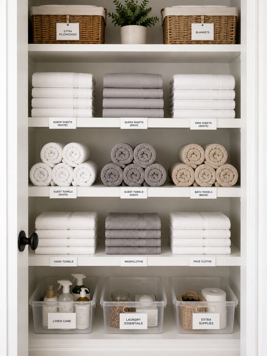 A neatly organized linen closet with labeled shelves holding baskets, stacks of towels in white, gray, and beige, and clear bins containing linen care, laundry essentials, and extra supplies.