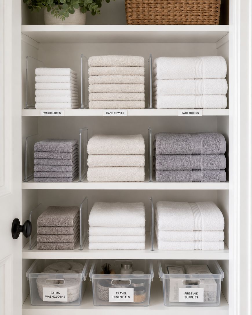 A neatly organized linen closet with labeled shelves holding stacks of washcloths, hand towels, bath towels in white and gray, and clear bins labeled extra washcloths, travel essentials, and first aid supplies.
