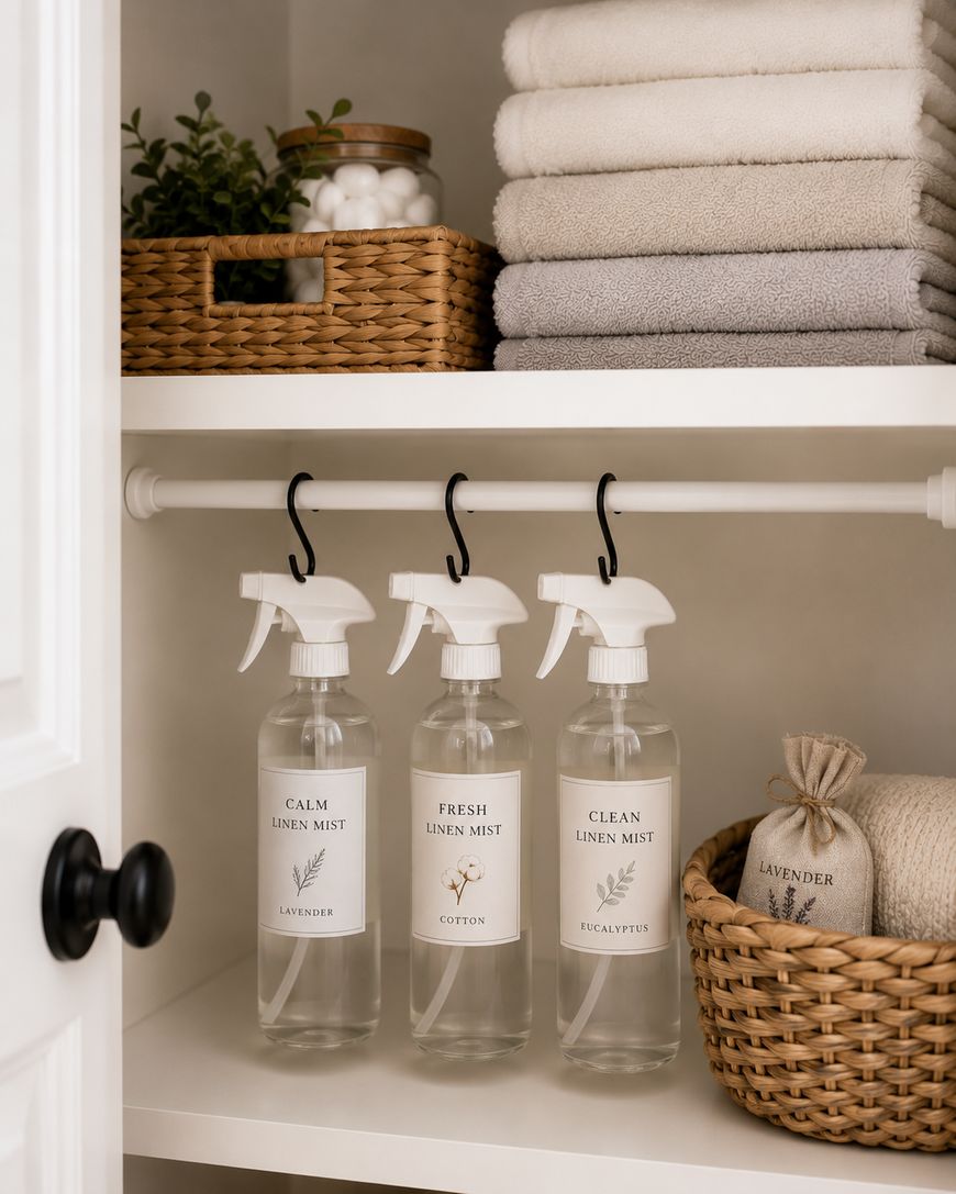 Neatly organized linen closet with folded towels, two woven baskets, and three labeled spray bottles (Calm Linen Mist, Fresh Linen Mist, Clean Linen Mist) hanging from a white rod.