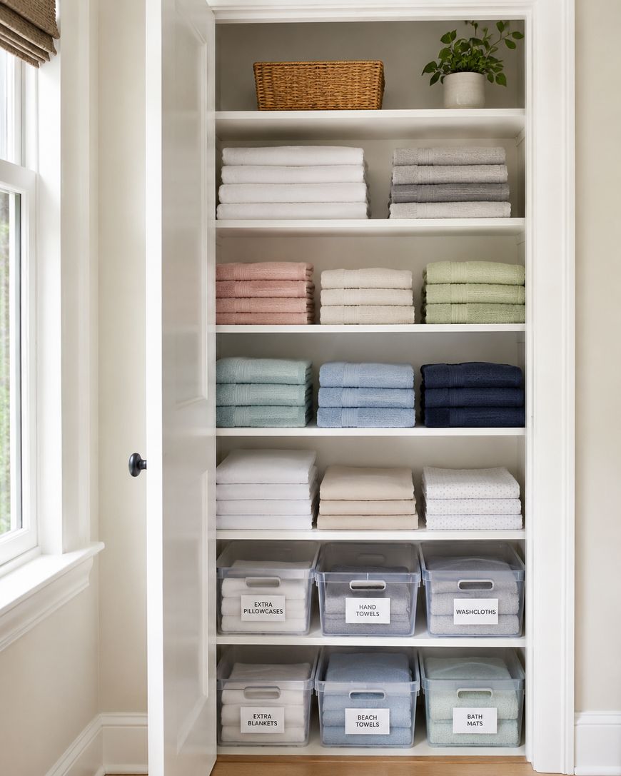 A neatly organized linen closet with folded towels in various colors on shelves, a wicker basket and a potted plant on the top shelf, and clear bins labeled for different linens on the bottom shelf.