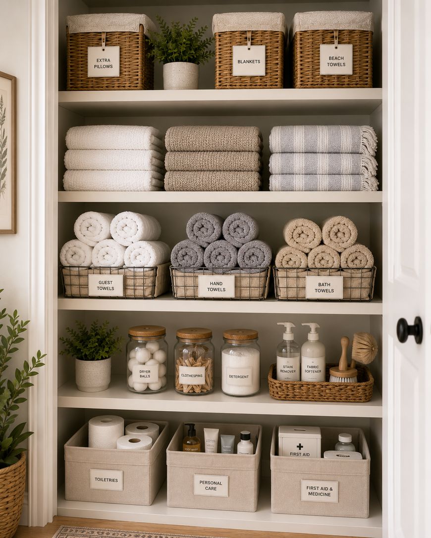 A neatly organized linen closet with labeled baskets and bins holding pillows, blankets, towels, toiletries, personal care items, and first aid supplies, displayed on white shelves with decorative plants on the sides.