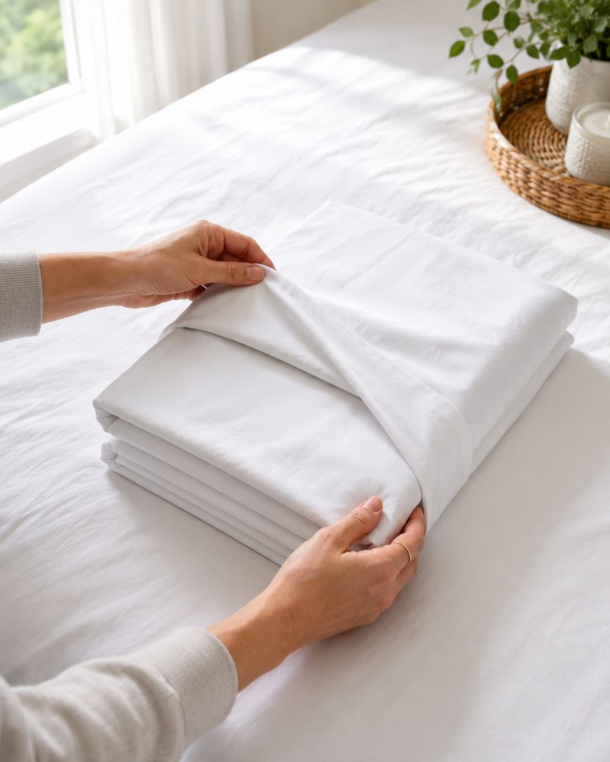 Hands folding a stack of crisp white bed sheets on a neatly made bed, with a wicker tray holding candles and a potted plant in the background by a window.
