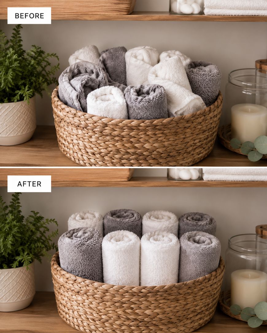 A woven basket with rolled gray and white towels on a wooden shelf. In the before image, the towels are arranged randomly; in the after image, they are sorted by color, with white towels in the center and gray on the sides.