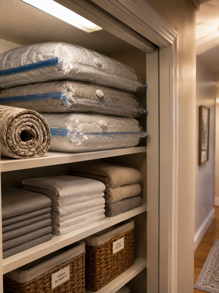 A neatly organized linen closet with shelves holding vacuum-sealed blankets, folded towels, rolled rugs, and two woven baskets labeled Throw Blankets. Warm lighting brightens the space.