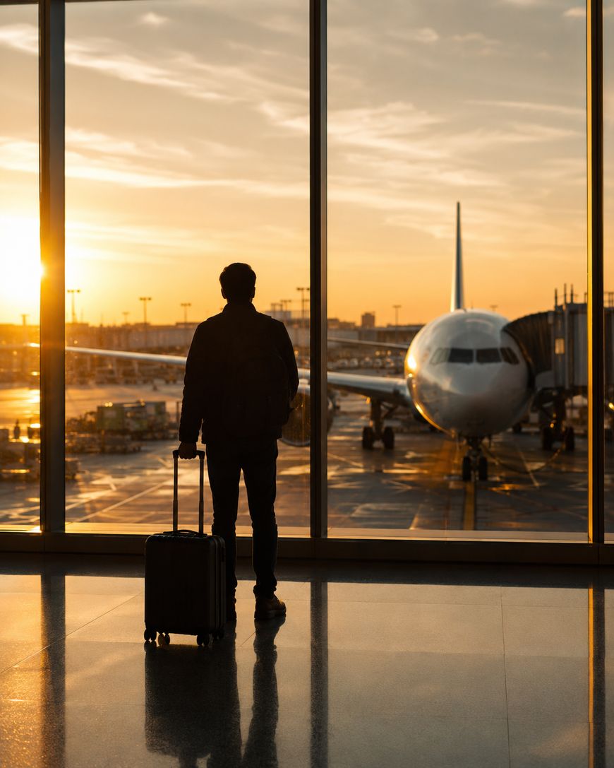 A person stands in an airport terminal at sunrise, holding a suitcase and looking out a large window at an airplane parked at the gate.