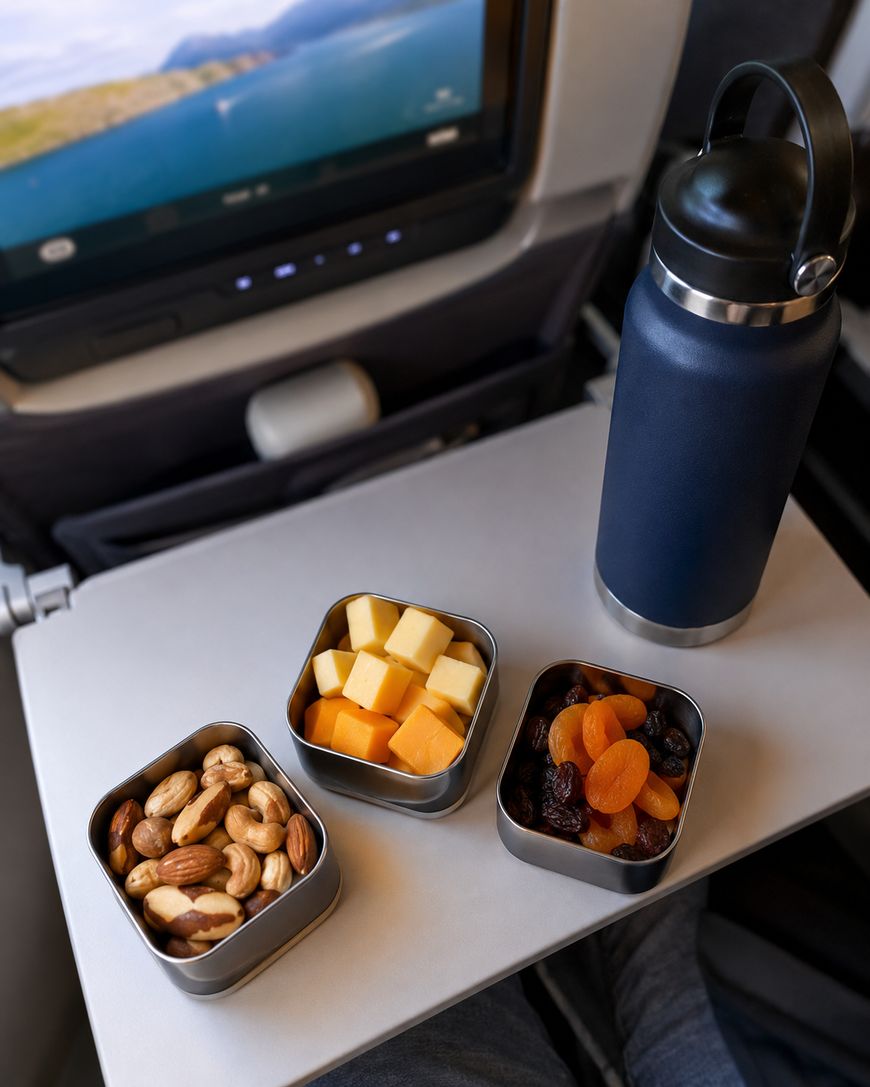A tray table on an airplane holds a water bottle and three small containers with nuts, cheese cubes, and dried fruit. An in-flight screen is visible in the background.