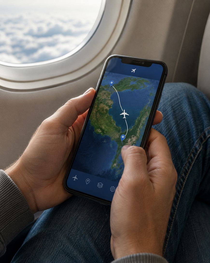 A person holding a smartphone near an airplane window, viewing a flight tracking app with a map showing the plane’s route across land and sea. The outside sky and clouds are visible through the window.