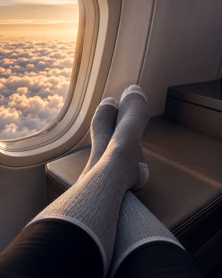 A person wearing gray socks rests their feet on an airplane seat by the window, with a view of clouds and a golden sunset sky outside.