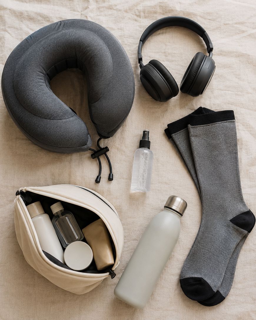A travel flat lay with a gray neck pillow, black headphones, a spray bottle, gray compression socks, a beige toiletry bag with bottles, and a matte silver water bottle on a light fabric background.