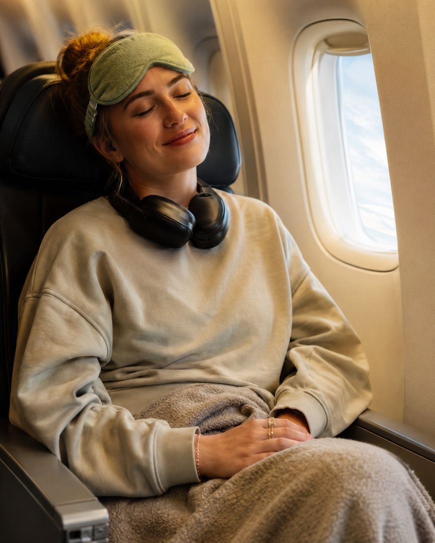 A woman wearing a green sleep mask on her head and headphones around her neck relaxes with closed eyes in an airplane seat, covered with a gray blanket, next to an airplane window.