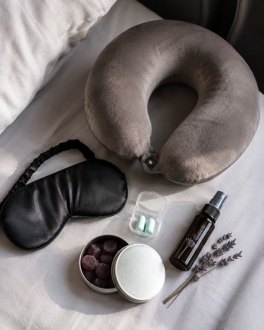 A travel essentials set on a bed, including a gray neck pillow, black sleep mask, earplugs in a clear case, a tin with gummies, a brown spray bottle, and sprigs of dried lavender.