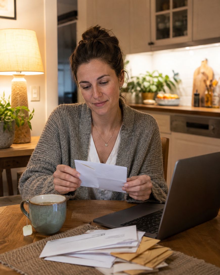 A woman sits at a kitchen table with a laptop, holding and reading an envelope. Papers, envelopes, and a mug are on the table. The kitchen background includes plants, cabinets, and a lit lamp.