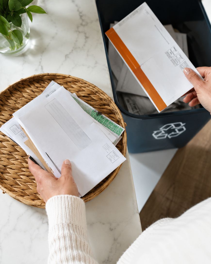 A person sorts mail over a woven basket on a marble countertop, holding an envelope near a blue recycling bin filled with papers. A green plant is visible in the upper left corner.