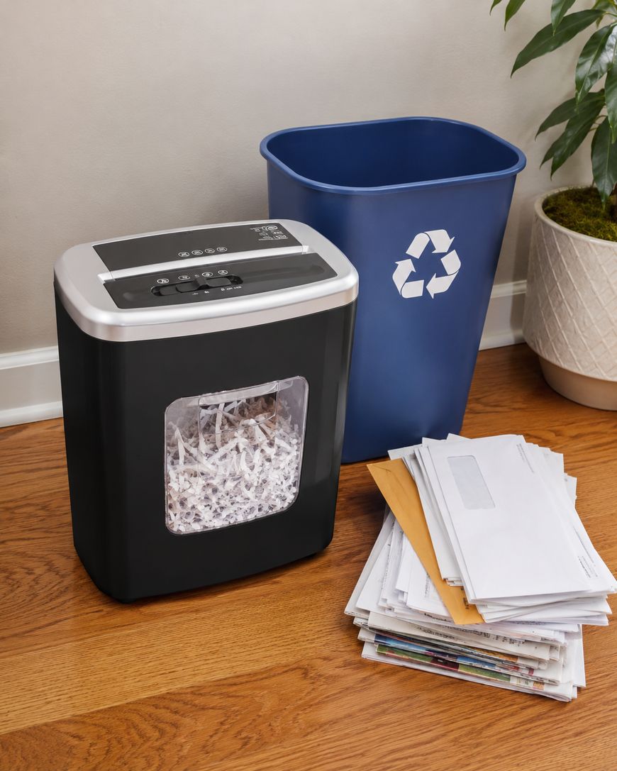 A paper shredder filled with shredded paper sits on a wooden floor next to a blue recycling bin and a stack of unshredded mail, envelopes, and magazines. A potted plant is in the background.