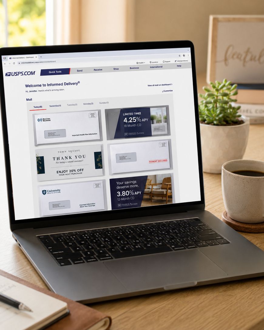 A laptop on a desk displays the USPS Informed Delivery webpage showing scanned images of mail. Next to the laptop are a cup of coffee, a plant, and a notebook with faith written on the cover.