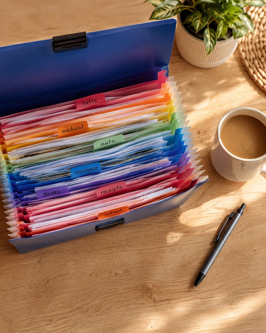 A blue accordion file organizer with colorful labeled sections for bills, medical, auto, taxes, insurance, receipts, and school on a wooden desk next to a coffee mug, a pen, and a potted plant.