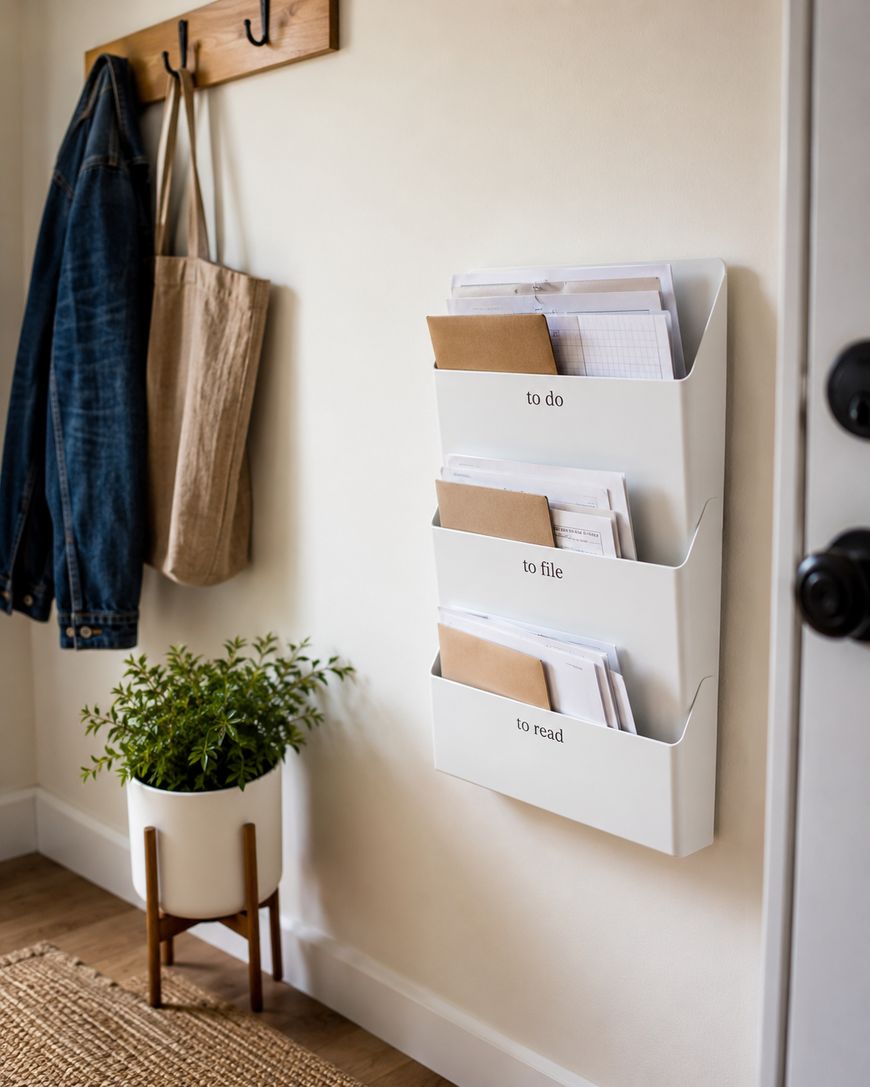 A wall organizer labeled “to do,” “to file,” and “to read” holds papers and folders near a door. A coat rack with a denim jacket and bag hangs above a potted plant on a wooden stand.