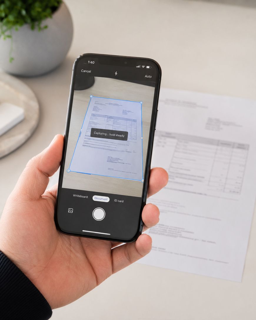 A person holds a smartphone, using a document scanning app to capture an image of a printed document on a table, with another sheet of paper and a green plant visible in the background.