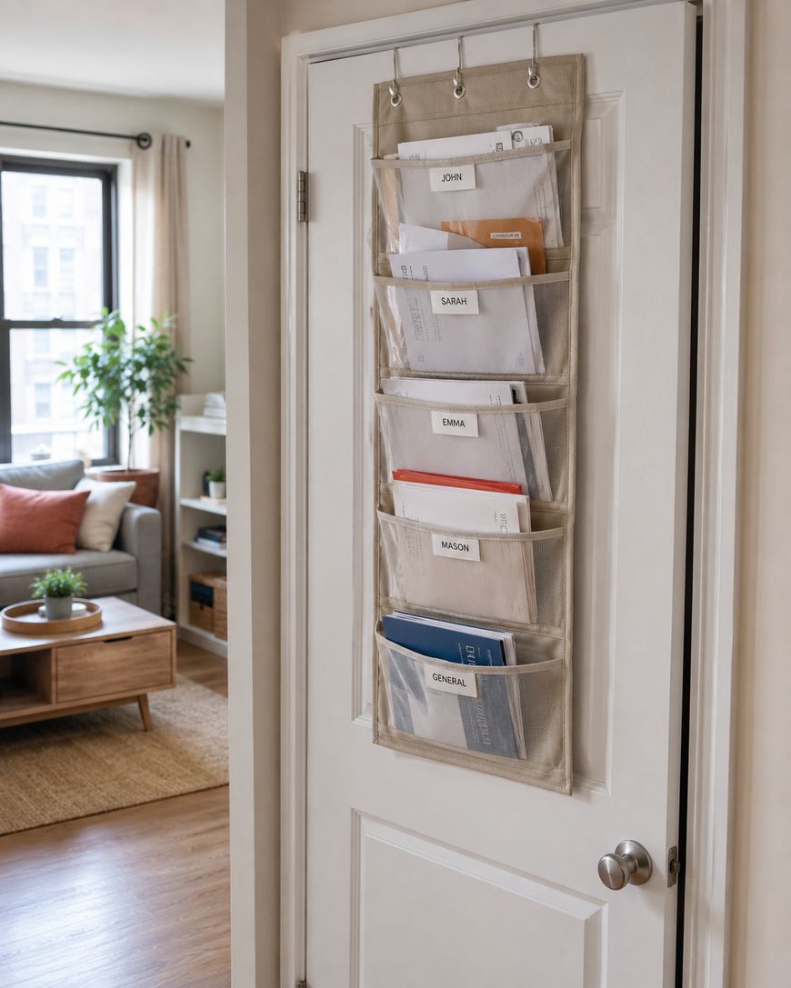 A beige over-the-door organizer with five labeled pockets holds various papers and folders. The labels read John, Sarah, Emma, Mason, and General. The organizer hangs on a white door in a tidy, sunlit living room.
