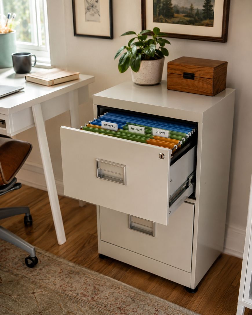 A white filing cabinet with an open drawer revealing color-coded folders labeled Finances, Projects, and Clients. The cabinet sits beside a desk with a chair, a mug, a potted plant, and framed pictures on the wall.