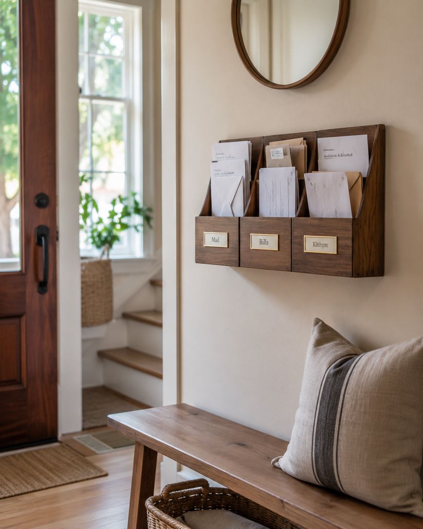 A tidy entryway with a wooden bench and pillow, a wall-mounted mail organizer labeled Mail, Bills, and Coupons, a round mirror above, and sunlight streaming in through a window and glass door.
