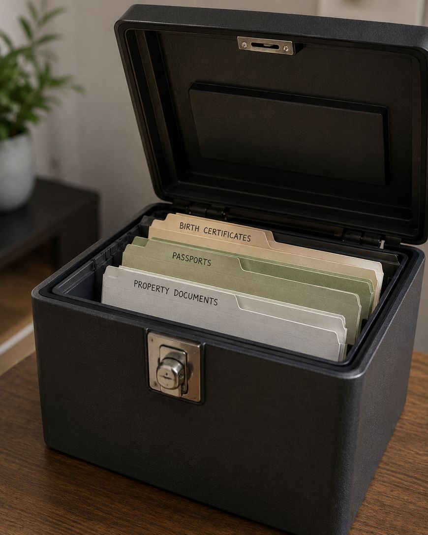A black lockbox sits open on a wooden table, displaying organized file folders labeled BIRTH CERTIFICATES, PASSPORTS, and PROPERTY DOCUMENTS. A plant is visible in the blurred background.
