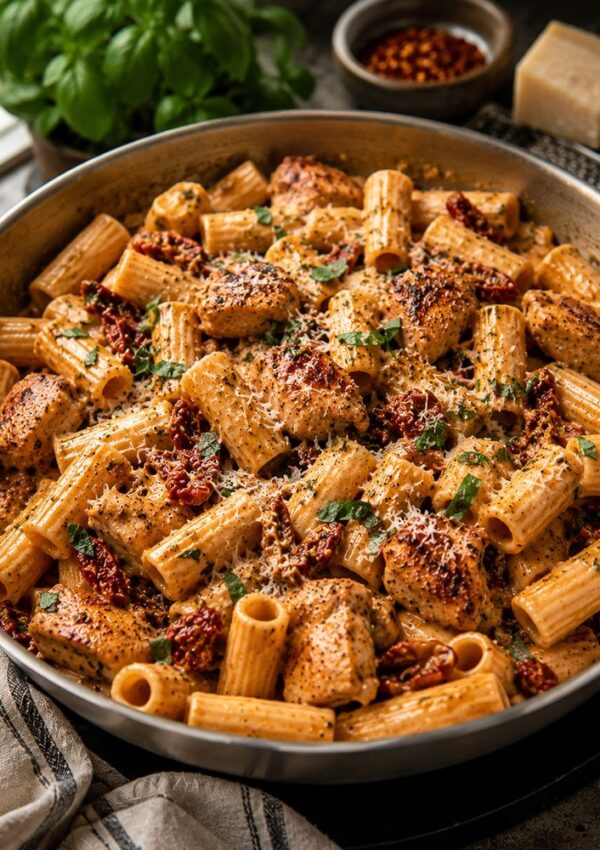 A skillet filled with creamy marry me pasta rigatoni, seasoned chicken pieces, sun-dried tomatoes, and grated parmesan, garnished with herbs. Fresh basil, parmesan cheese, and red pepper flakes are in the background.