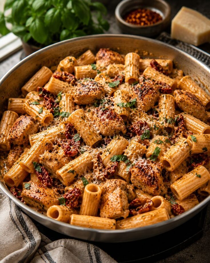 A skillet filled with creamy marry me pasta rigatoni, seasoned chicken pieces, sun-dried tomatoes, and grated parmesan, garnished with herbs. Fresh basil, parmesan cheese, and red pepper flakes are in the background.