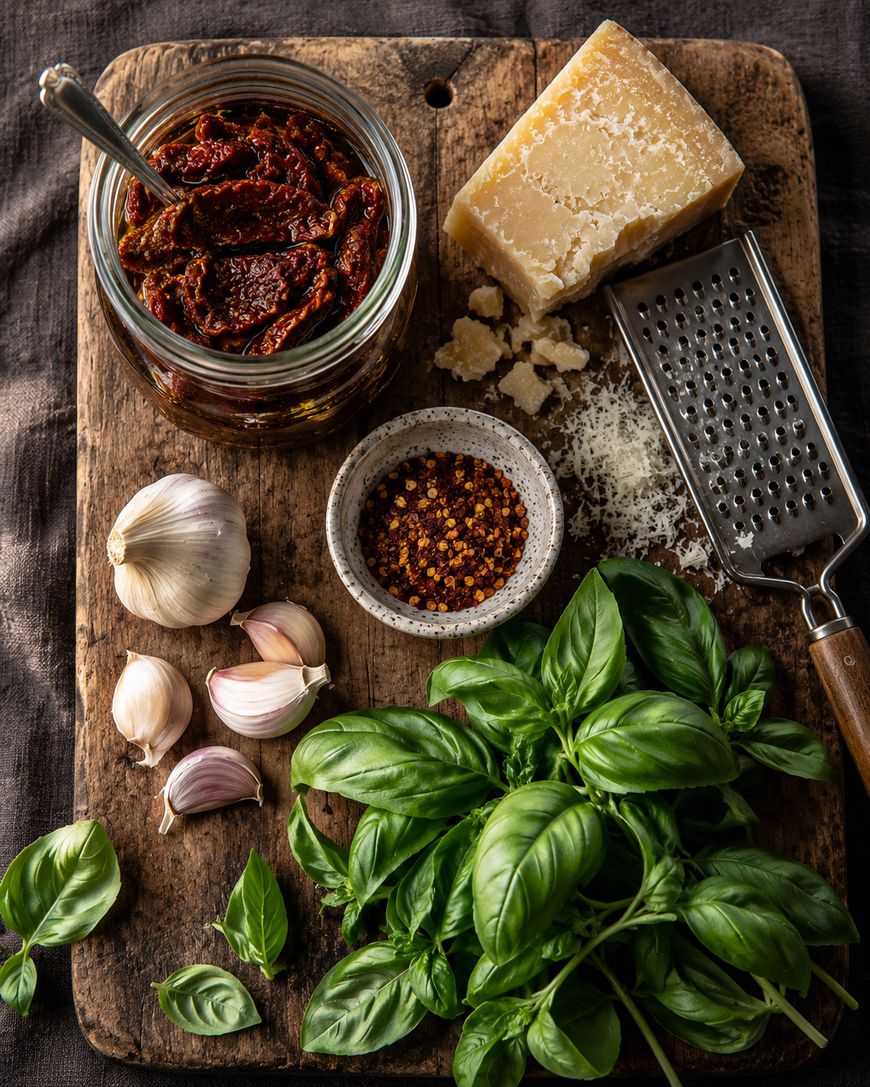 A wooden board with fresh basil, garlic cloves, a jar of sun-dried tomatoes, a block of Parmesan cheese with a grater, and a small bowl of red pepper flakes.
