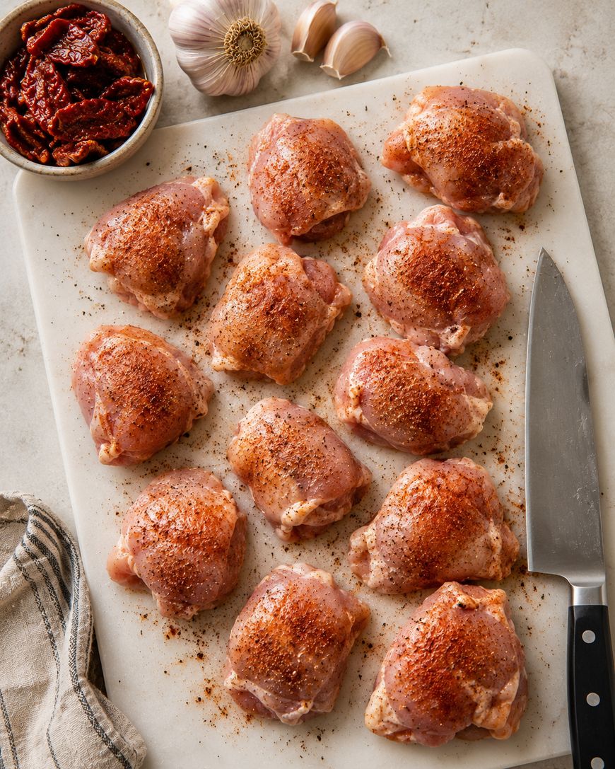 Twelve raw chicken thighs seasoned with spices are arranged on a white cutting board next to a knife, a bowl of sun-dried tomatoes, garlic cloves, and a striped towel.