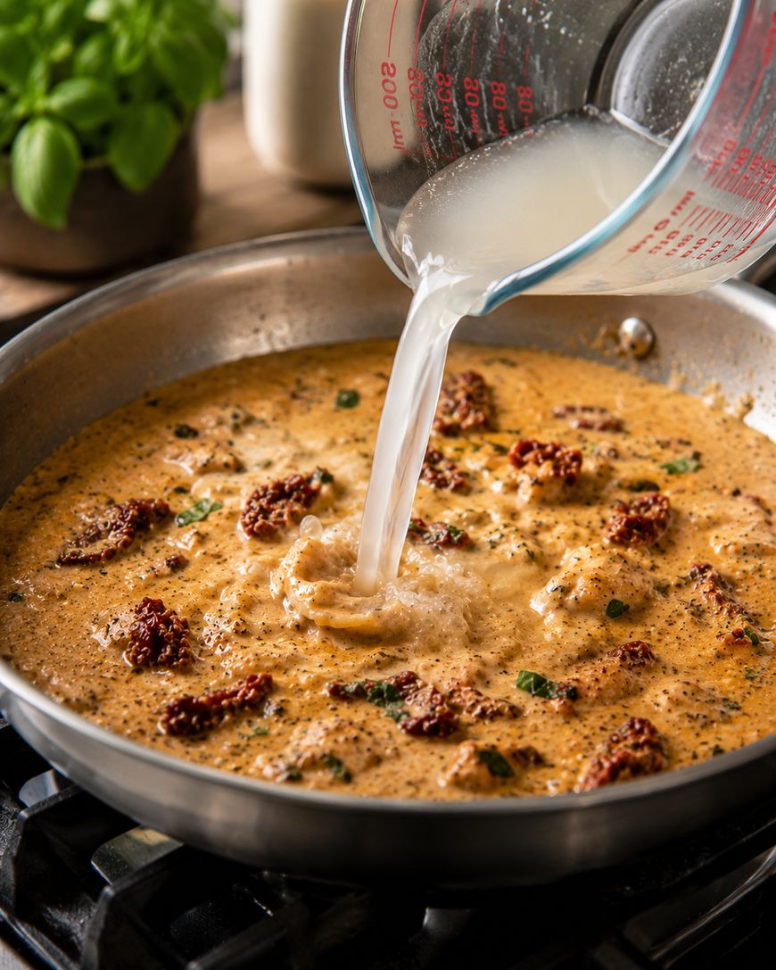A hand pours broth from a glass measuring cup into a skillet filled with a creamy sauce, sun-dried tomatoes, and herbs, cooking on a stovetop. Fresh basil and a jar are visible in the background.