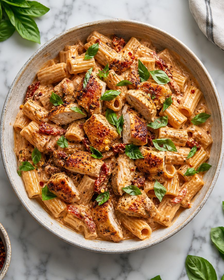 A bowl of creamy rigatoni pasta topped with sliced grilled chicken, sun-dried tomatoes, red pepper flakes, and fresh basil leaves, served on a marble surface.