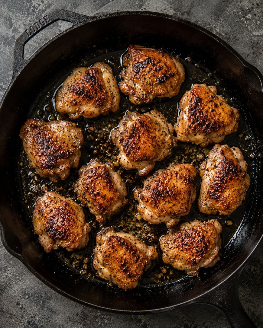 Cast iron skillet filled with twelve browned, seasoned chicken thighs, sizzling in oil on a gray textured surface.
