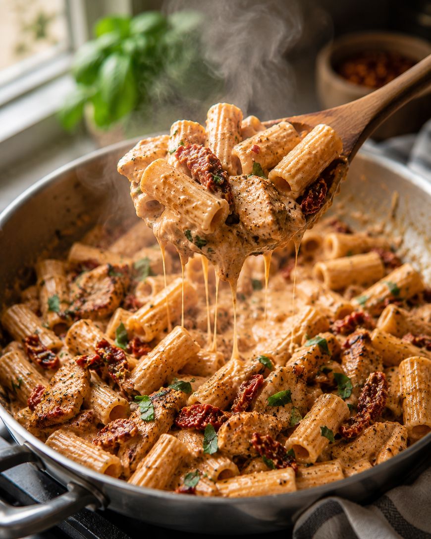 A skillet filled with creamy rigatoni pasta, sun-dried tomatoes, and fresh herbs. Cheese is melted throughout, and a wooden spoon lifts a steaming, cheesy portion above the pan.