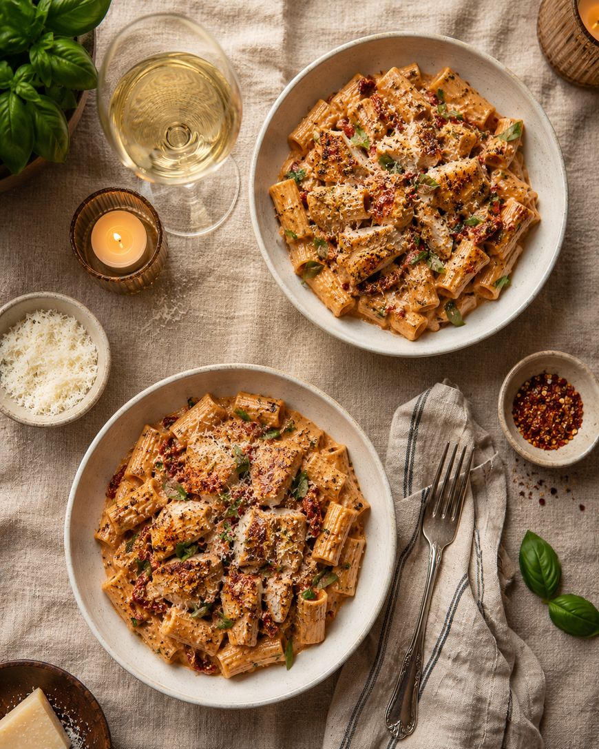 Two bowls of creamy rigatoni pasta topped with grated cheese and red pepper flakes sit on a table with a glass of white wine, a lit candle, a bowl of grated cheese, and fresh basil leaves. Two forks rest on a striped napkin.