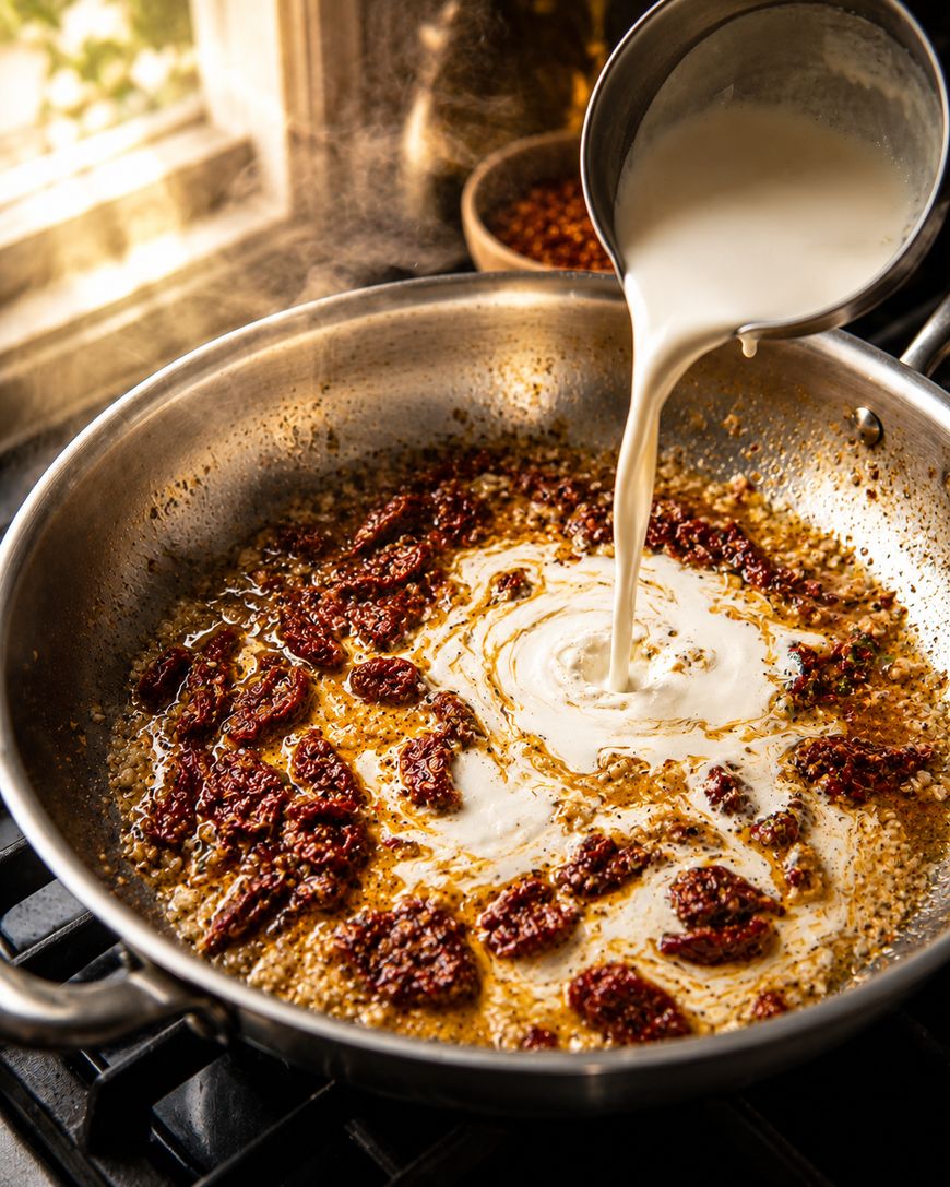 A person pours cream from a small metal pitcher into a skillet with sun-dried tomatoes and seasonings, cooking on a stovetop with sunlight streaming in through a nearby window.