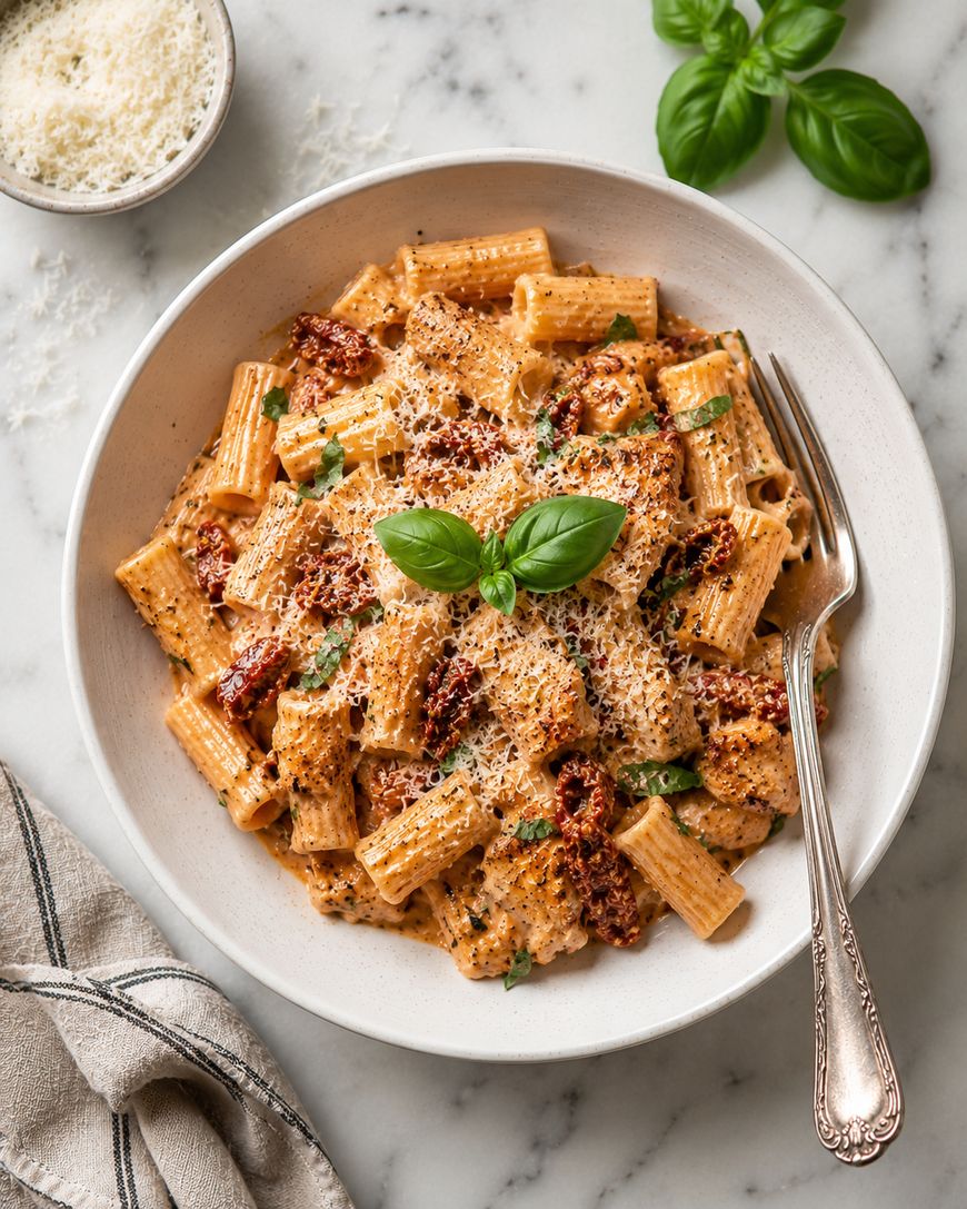 A bowl of creamy rigatoni pasta topped with sun-dried tomatoes, grated cheese, herbs, and fresh basil, with a fork on the side. A small bowl of cheese and basil leaves are on the marble surface nearby.