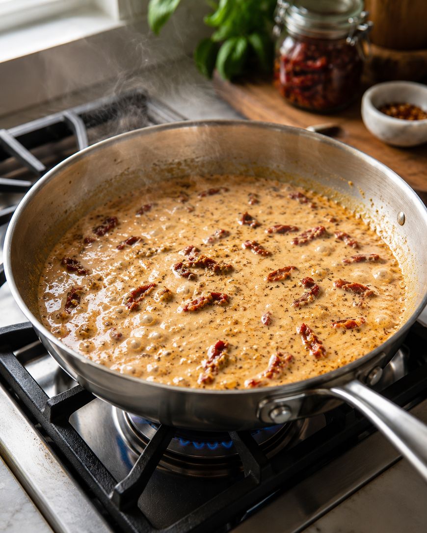 A stainless steel pan on a gas stove contains a creamy sauce with pieces of sun-dried tomatoes simmering, creating steam. Fresh herbs and a jar of spices are visible in the background on a wooden board.