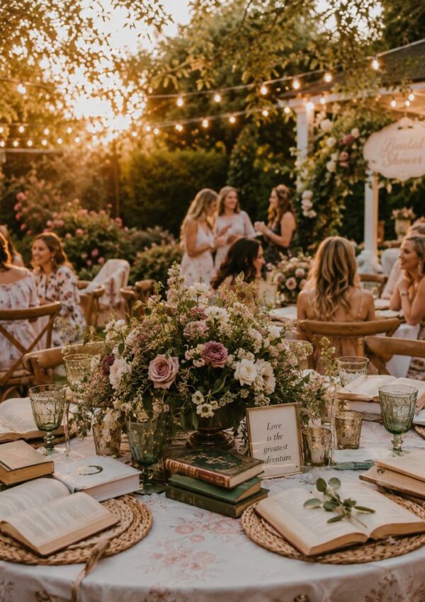 A beautifully decorated outdoor table set for a gathering at sunset, featuring floral centerpieces, vintage books, and a sign reading “Love is the greatest adventure”—the perfect next chapter bridal shower with guests in pastel dresses mingling in the background.
