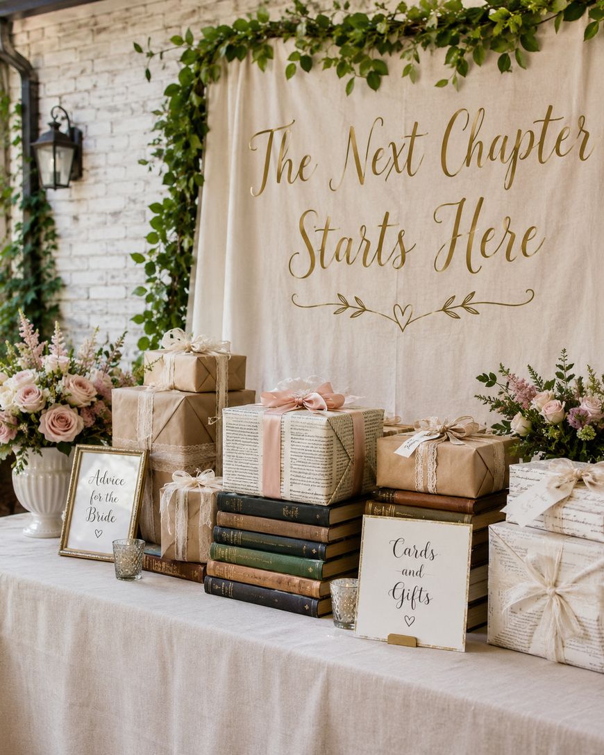 A decorated table with vintage books, wrapped gifts, flowers, and signs reading Advice for the Bride and Cards and Gifts in front of a banner that says The Next Chapter Starts Here.