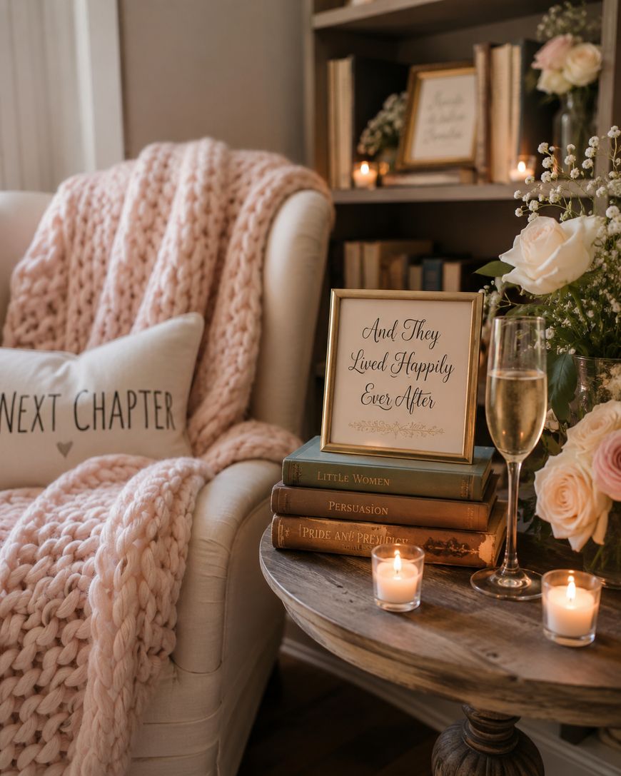 A cozy reading nook with a chunky pink knit blanket on a chair, a pillow that reads Next Chapter, a stack of classic books, a framed sign saying And They Lived Happily Ever After, candles, roses, and a glass of champagne.