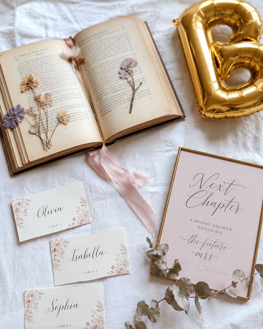 A flat lay of bridal shower decor includes an open book with dried flowers, a gold balloon shaped like a B, three floral name cards, a framed Next Chapter sign, and sprigs of dried leaves on a white cloth.