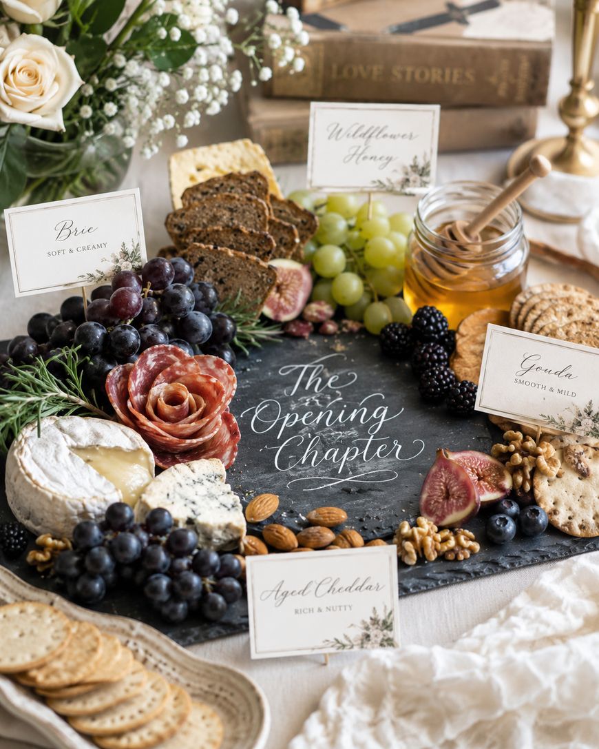 A charcuterie board with Brie, aged cheddar, Gouda, wildflower honey, crackers, grapes, berries, figs, almonds, and salami, with elegant labels and flowers on a slate labeled “The Opening Chapter.”.