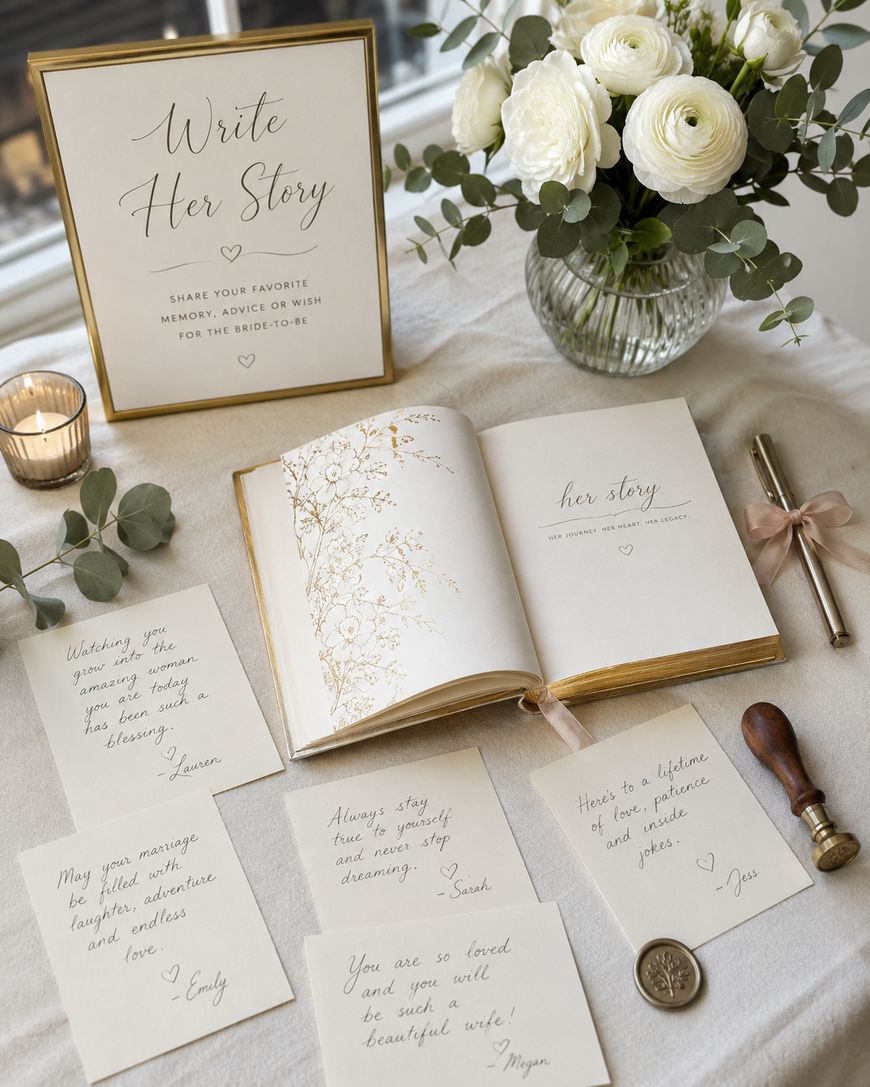 A wedding guest table with a sign reading Write Her Story, a flower vase, a lit candle, a guest book, a pen with ribbon, and handwritten cards sharing wishes and memories for the bride-to-be.