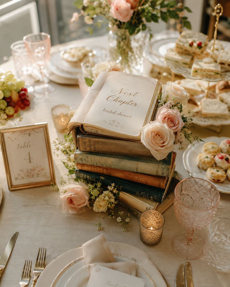 A bridal shower table centerpiece with stacked vintage books, an open book reading Next Chapter, pink roses, flowers, candles, glassware, plates, framed table number, and platters of sandwiches and scones.